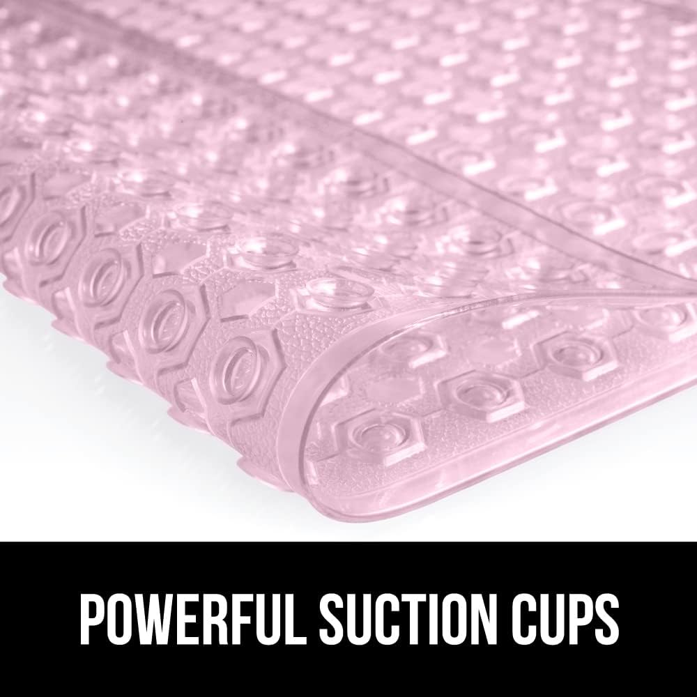GORILLA GRIP Patented Bath Tub Shower Mat, Machine Washable Bathtub Floor Liner Mats, Suction Cups and Drain Holes to Keep Tubs Clean, Soft on Feet, Bathroom Essentials, 35x16 Inch, Clear Light Pink