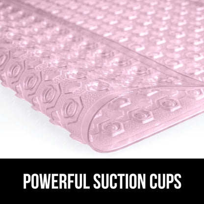 GORILLA GRIP Patented Bath Tub Shower Mat, Machine Washable Bathtub Floor Liner Mats, Suction Cups and Drain Holes to Keep Tubs Clean, Soft on Feet, Bathroom Essentials, 35x16 Inch, Clear Light Pink