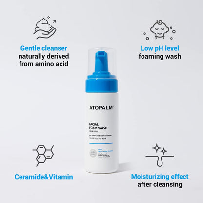 ATOPALM Facial Foam Wash, Gentle Baby Wash, Tear-Free, Sulfate-,Paraben-Free, pH Balanced, Hypoallergenic for Sensitive Skin, EWG Green Grade, Foaming Facial Cleanser, 5.07 Fl Oz, 150ml