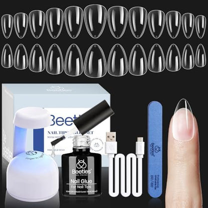 Beetles Gel Nail Kit, Short Almond Nail Tips Easy Extension Set 240 Pcs Pre Shaped Clear Full Cover Fake Nails Tips with 5 In 1 Nail Glue Uv Led Lamp DIY Manicure Gifts for Women