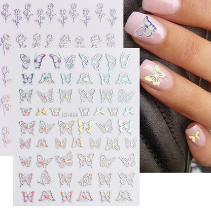8 Sheets Aurora Silver Heart Nail Decals 3D Self Adhesive Design Star Stickers Holographic Butterfly Flame Nail Stickers for Women Girls DIY Manicure Tips Decoration
