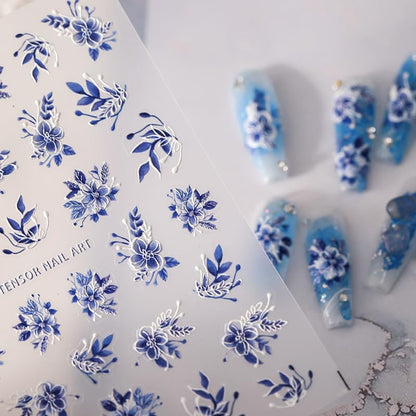 5D Embossed Nail Stickers Flower Nail Art Stickers Decals Self-Adhesive Floral Nail Supplies Blue Floral Leaf Nail Art Design Decorations Nail Art Decals for Women