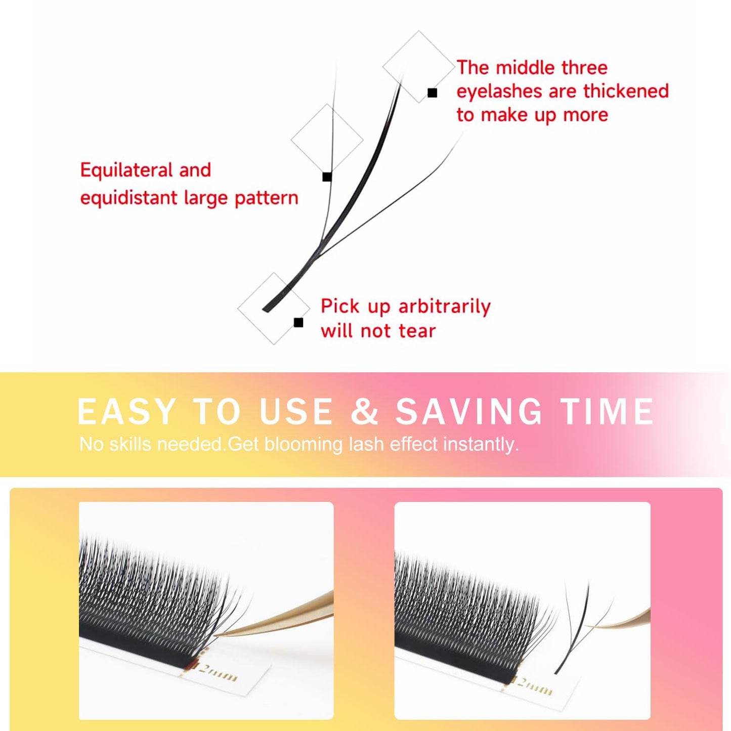 Lash Extensions Three Core Tips 3D Eyelash Extensions W Shape 0.07mm Thickness D Curl 13mm Premade Fans Easy Fan Volume Lashes Matte Black Crisscross(W-3D-Three Core-0.07-D,13mm)