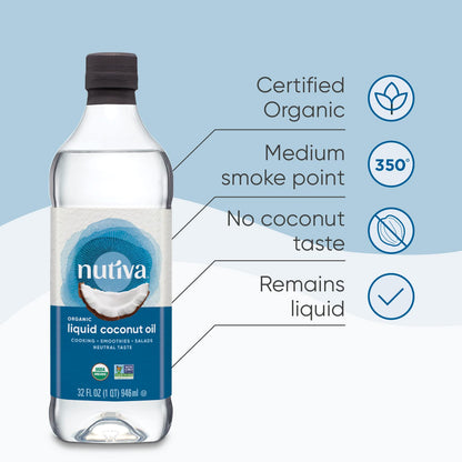 Nutiva Organic Liquid Fractionated Coconut Oil 32 Fl Oz - USDA Organic, Non-GMO. Edible, Pure Coconut Oil for Cooking, Moisturizer for Skin, Hair Treatment. Contains Natural MCTs.