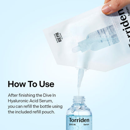 Torriden DIVE IN Serum 1.69 fl oz + refill pouch 1.69 fl oz | Deep Hydration to Get Glow Skin | Hyaluronic Acid, Panthenol, Allantoin | Korean Facial Serum