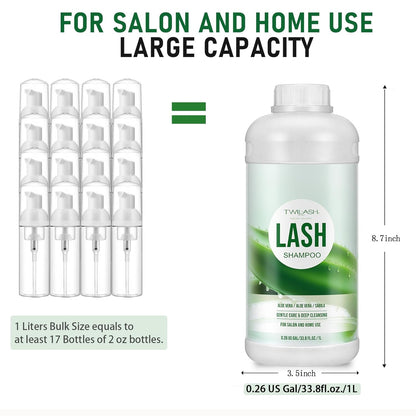 Lash Shampoo Bulk, Eyelash Cleanser for Extensions 1 Liter, Safe Makeup Remover, Non-irritating or Burning Formula Eyelid Foaming Cleanser for Professional Salon and Home Use (Aloe Vera-1L)