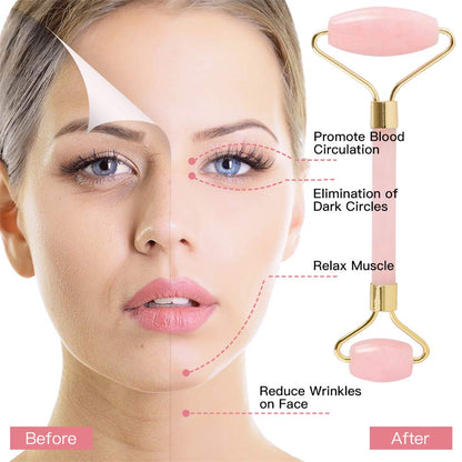Jade Roller,Rose Quartz Roller for Face,Jade Skincare Tool,Jade Facial Roller,Eye Roller Anti Aging Jade Massager Roller Slimming Healing Chakra Tool A-Rose Quartz (Golden)