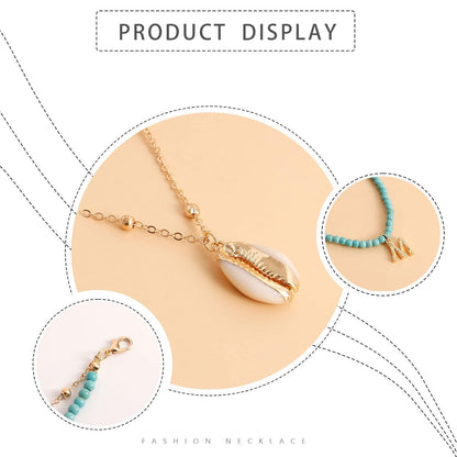 Bohemia Turquoise Beaded Choker Necklace Layered Shell Pendant Necklace Gold Letter Clavicle Necklace Double Layer Satellite Chain Necklace Jewelry for Women and Girls