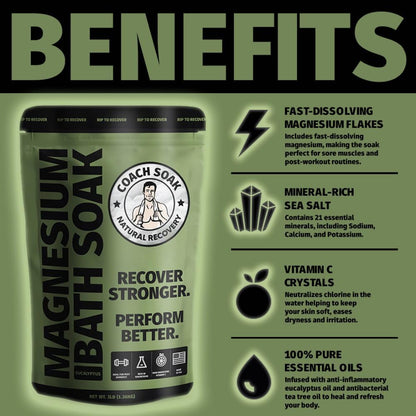 Coach Soak: Recovery Bath Soak – Rejuvenating Post Workout Natural Magnesium Flakes - 21 Minerals, Essential Oils & Dead Sea Bath Salts - Absorbs Faster Than Epsom Salts, 3lbs (Eucalyptus Tea Tree)