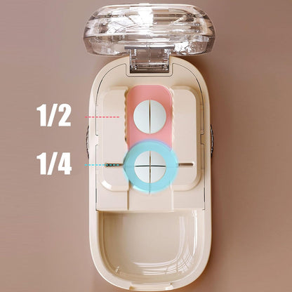 Pill Cutter for Cutting Multiple, 1/2 1/4 Pill Splitter for Large, Small and Tiny Pills, Portable Pills Cutter,Storage Organizer, Accurate Centering Alignment Device (White)