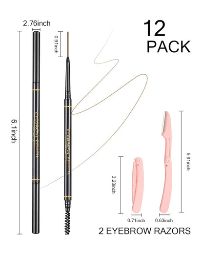 Light Brown Eyebrow Pencils for Women, 12Pcs Ultra Slim Eyebrow Pencil with 2 Brow Razors Kit, Double Head 1.5mm Micro-Fine Tip & Spiral Brush, Can Draw Fine and Long-Lasting Brows Makeup