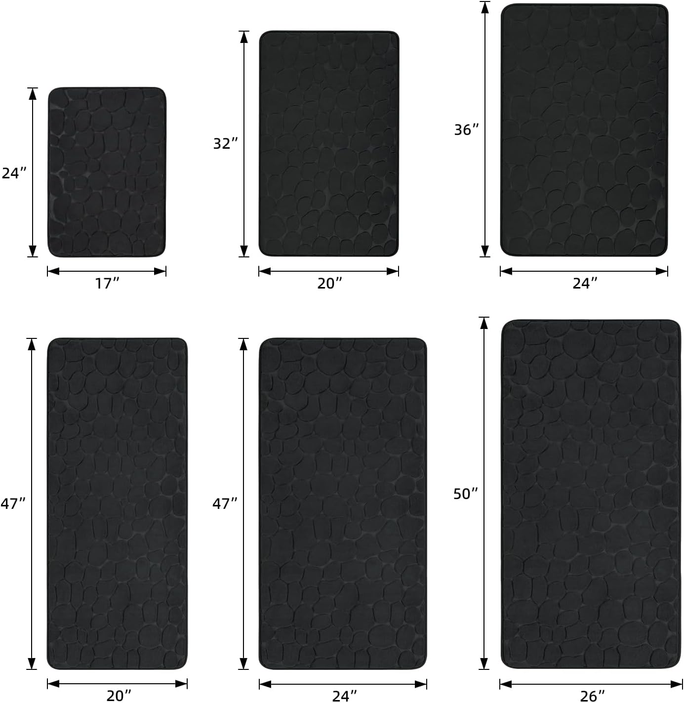 YIHOUSE Memory Foam Runner Rug, Cobblestone Bathroom Runner Rugs Super Water Absorbent Bath Mats for Bathroom Machine Washable Bath Rugs Runner for Hallway Bedroom Laundry Room(26 x 50,Black)