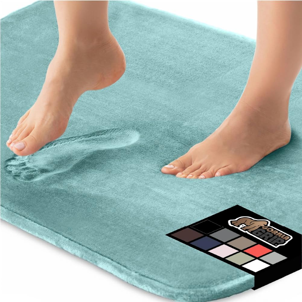 GORILLA GRIP Memory Foam Bath Mat, Soft Absorbent Velvet Bathroom Mats, Durable Dots on Underside, Machine Washable Bathmat, Carpet Rug Room Decor for Shower Tub Floor RV, 36x24 Rugs, Seablue
