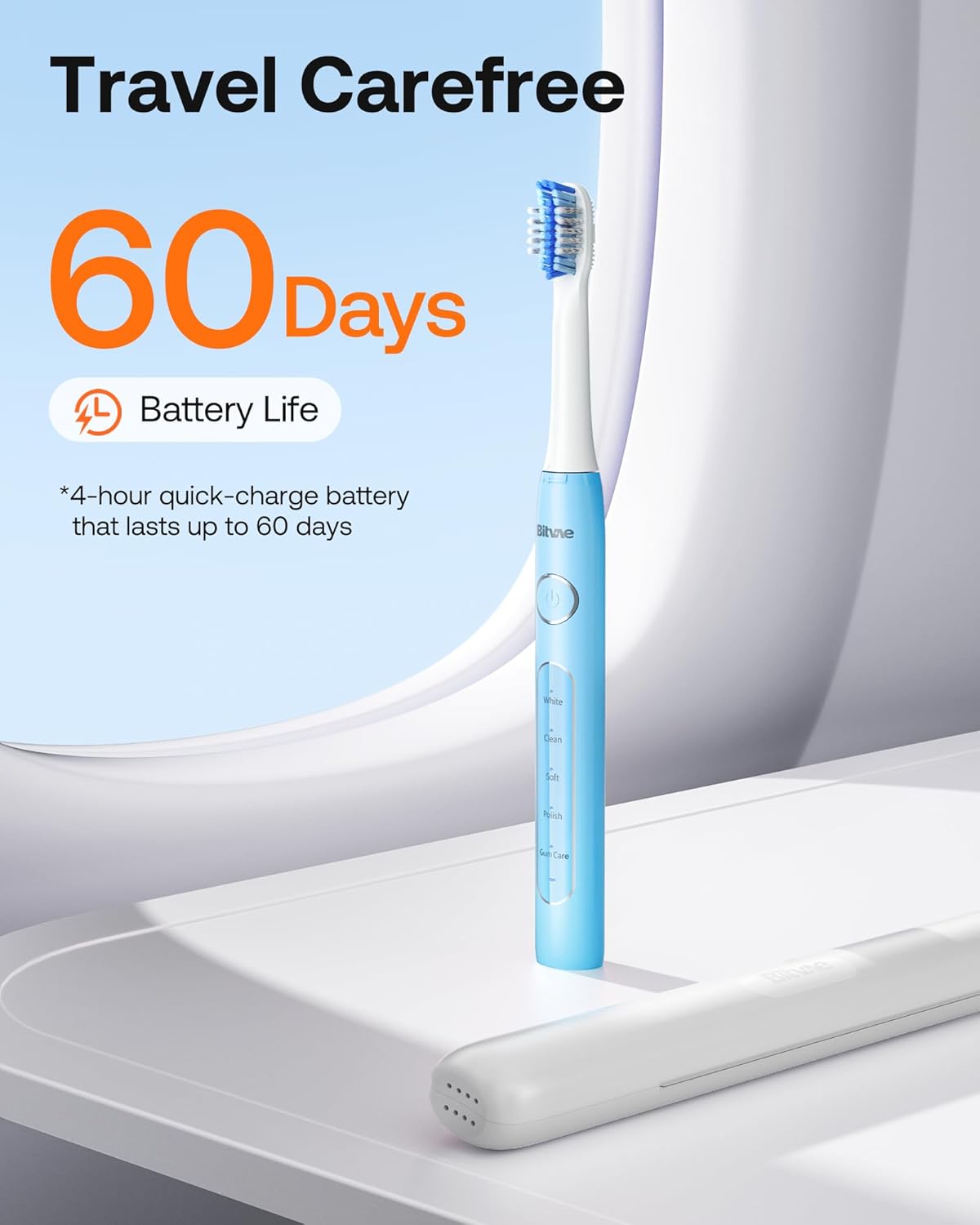 Bitvae ADA Accepted Electric Toothbrush, Travel Toothbrush Rechargeable for Adults and Kids, 60-Day Battery, 5 Modes, 8 Heads, Portable Travel Case & Holder, Sky Blue