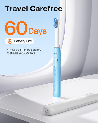 Bitvae ADA Accepted Electric Toothbrush, Travel Toothbrush Rechargeable for Adults and Kids, 60-Day Battery, 5 Modes, 8 Heads, Portable Travel Case & Holder, Sky Blue
