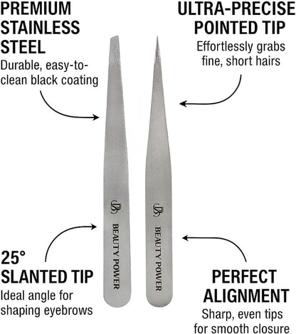 Professional Tweezers Set – Slant & Point, Ultra Precision German Stainless Steel Tweezers for Eyebrows, Chin, Ingrown Hair & Facial Grooming – Lightweight with Travel Case (Matte Grey)