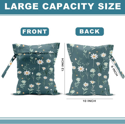 2Pcs Wild Flower Wet Bag 12x10 Inch, Daisy Waterproof Travel Laundry Bags, Floral Washable Reusable Wet Dry Bag for Swimsuit Pool Beach Diapers Dirty Yoga Gym Clothes, Flowers Gifts for Women Friend