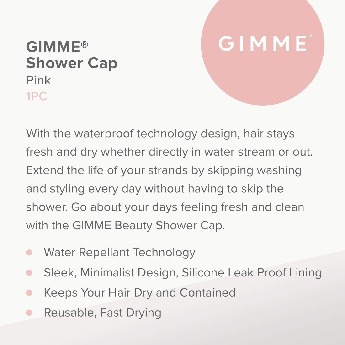 Gimme Beauty - Lined Shower Cap for Women and Men - Sleek Waterproof Shower Cap for Long Hair or Dry Styles - Reusable & Fast Drying with a Silicone Leak Proof Lining - Soft Pink (1 Count)