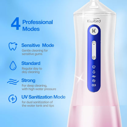 Water Dental Flosser Cordless with UVC Light, 3 Modes Portable Oral Irrigator, IPX7 Waterproof, 300ML Tank, Electric Teeth Cleaner for Tonsil Stones, Home & Travel Use