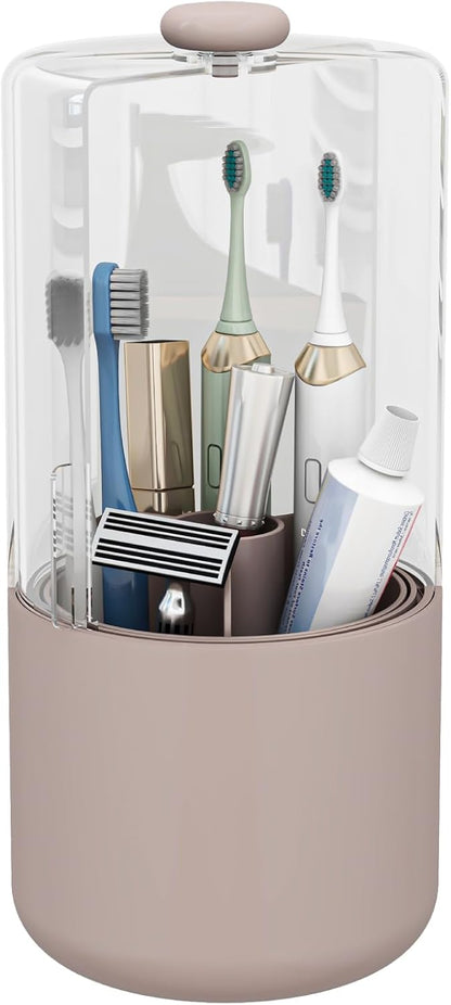 Toothbrush Holder with Cover 360 Rotating 4 Compartments Bathroom Toothpaste Electric Toothbrush Organizer, Pink