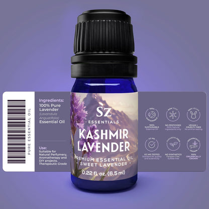 Kashmir Lavender Essential Oil – 100% Pure & Undiluted – Sweet Floral Scent for Relaxation, Aromatherapy, Self-Care, Natural Perfumery – Vegan & Therapeutic – 0.22 fl oz (6.5 mL)