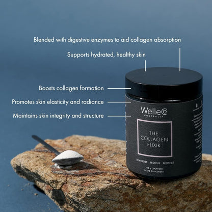 WelleCo The Collagen Elixir Collagen Powder, Marine Collagen Peptides with Vitamin C, Hyaluronic Acid, Digestive Enzymes & Silica, for Glowing Skin, Hair & Nails, Gluten Free, Unflavored, 4.23 oz