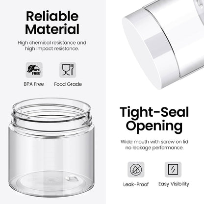 TUZAZO 48 Pack 2 Oz Small Plastic Container Jars with Lids and Labels BPA Free, Empty Round Clear Cosmetic Containers Plastic Slime Jars for Lotion, Cream, Ointments, Samples, Travel Storage (48)