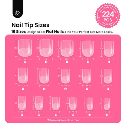 Beetles Tipex Gel Nail Kit Extra Short Square: 16 Sizes Instant Apex Nail Tips, 224 Pcs Pre-Building False Nail Tips with Tipex Nail Glue, Mini Nail Lamp-Thick Acrylic Nail Set