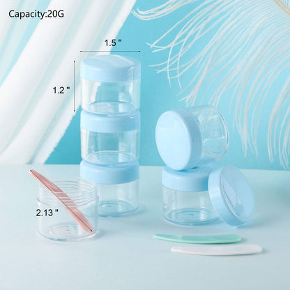 Refillable Cosmetic Sample Jars - 100 Pack 20g (0.7oz) Blue Small Travel Containers with Lids + 10 Mini Makeup Spatulas - BPA Free