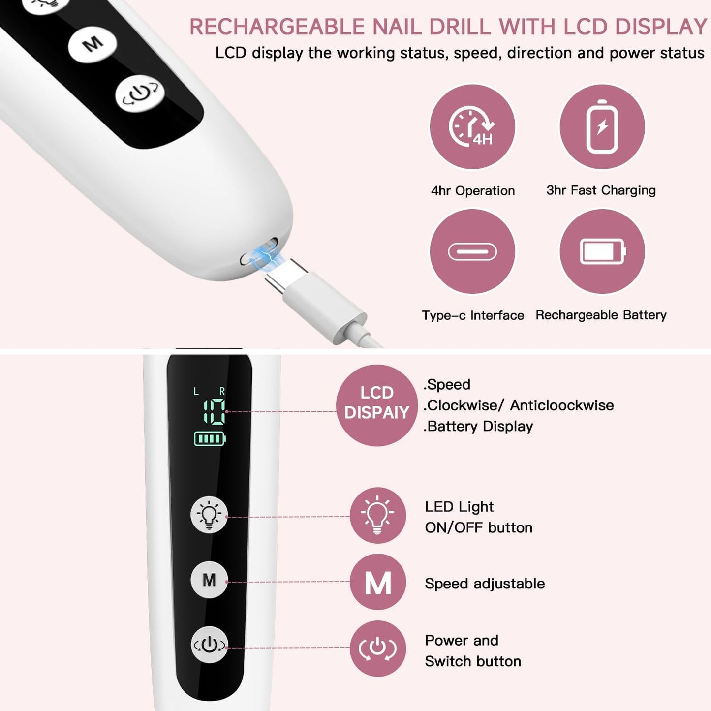 4 Pack Digital Nail Grinder 9-in-1 Set - LCD Display Adjustable Speed for Nail Shaping, Buffing & Polishing - Cordless Rechargeable Manicure Pedicure Tool with 100 Sanding Bands