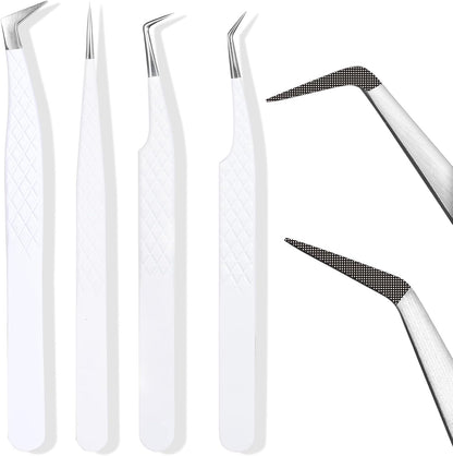 Fiber Tip Lash Tweezers For Eyelash Extension 4 Pcs Tweezers Professional Artist Tech Work Kit Tools,Best Volume Eyelash Extensions Precision 90 45 Degree(White Silver)