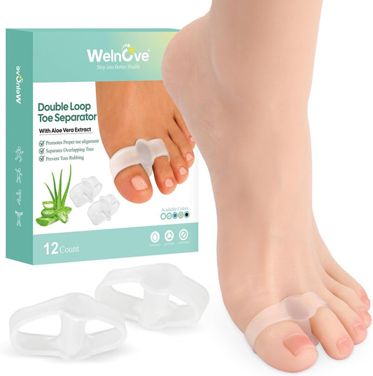 Welnove Pack of 12 Bunion Corrector, Toe Separators with 2 Loops, Big Toe Spacer Suitable for Bunion and Overlap Toe, Infused Aloe Vera Extract (Clear)