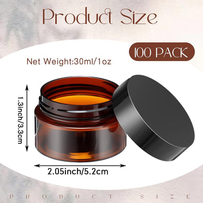 SATINIOR 100 Pcs Plastic Jars with Lids Small Containers Lids Wide Mouth Small Plastic Containers for Lotion Cream Rhinestones Body Butters Travel Storage(1 oz,Amber)