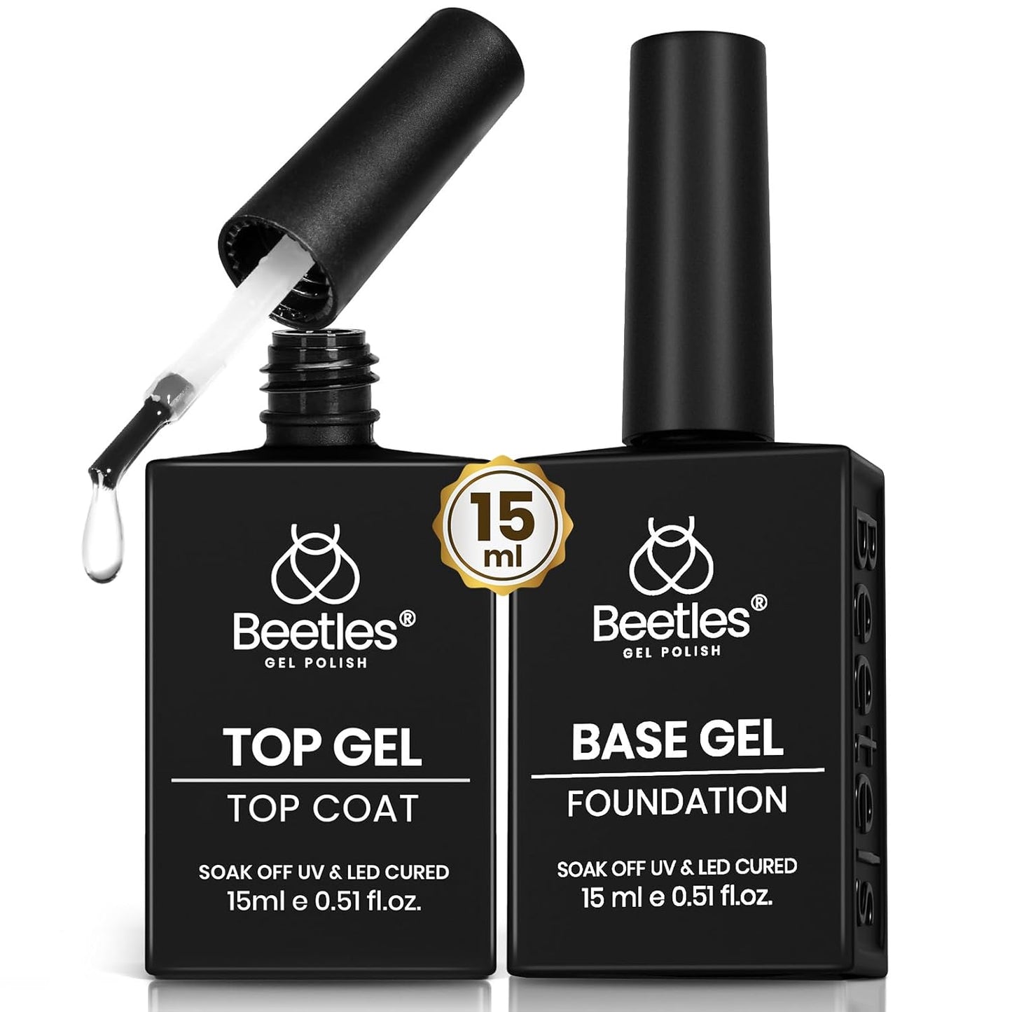 Beetles No Wipe Gel Top Coat and Base Coat Set for Gel Polish - 2Pcs 15ml Super Shiny and Long Lasting Soak Off UV/LED Lamp Needed, Halloween Fall Nail Art Design Gift