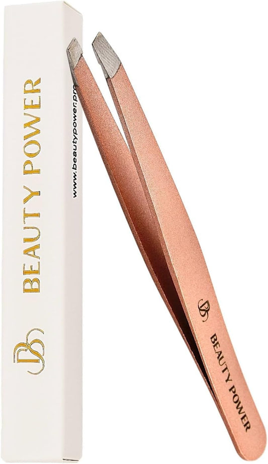 Slant Tip Precision Tweezers - Stainless Steel Eyebrow Tweezers for Women & Men - Precision Tweezers for Facial Hair, Ingrown Hair & Brow Shaping - Professional Beauty Tool (Rose Gold)