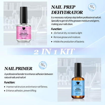15 ml Nail Dehydrator and Primer Set, Acid Free Natural Prep Dehydrate & Bond Primer, Professional Nail Prep Kit for Acrylic Nails Gel Polish Manicure Nails Supplies Fast Dry