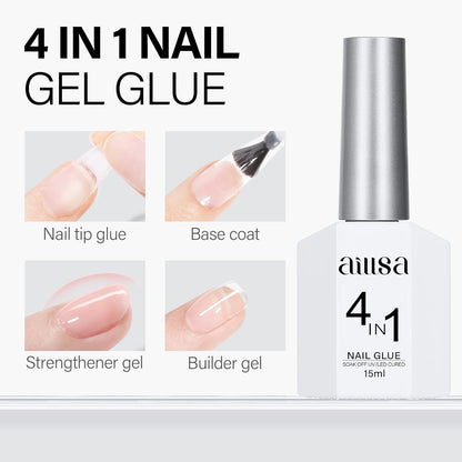 AILLSA 2PCS Gel Nail Glue for Acrylic Nails, 4 in 1 Super Strong Adhesive for False Tips, UV Curing Needed, 15ml High Capacity Extension Brush On for Rhinestone Pearl Foil
