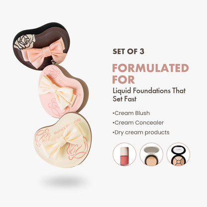 Heart-Shaped Makeup Sponge,Firm Bounce Rubycell, Foundation Sponge with Bow Tie Strap, for Precision Blending of Concealer/Cream Products, 3-Colors,Travel Friendly & Reusable & Storage Case