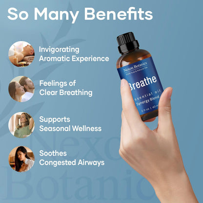 Breathe Essential Oil Blend 60 ml - Breath Sinus Relief with Menthol Oils - for Humidifiers, Diffusers, and Aromatherapy - Nexon Botanics