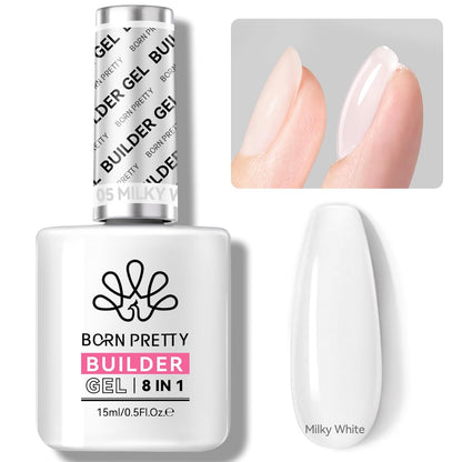 BORN PRETTY Builder Gel for Nails, 8-in-1 Milky White Clear Builder Nail Gel for Nail Apex and Gel Extension Strengthener, Nail GLue Gel Hard Gel Base Rhinestone Nail Glue Gel in a Bottle 15ml