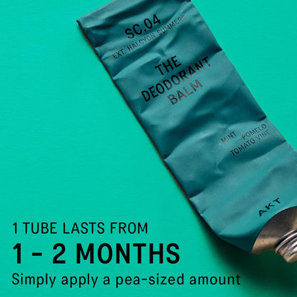 AKT, THE DEODORANT BALM. Award winning, multi-use, natural deodorant. Plastic Free. Gender Free. Aluminium Free. 100% effective — 1 tube lasts up to 3 months. SC.04 HALCYON SUMMERS. 50ml/1.76 FL.OZ
