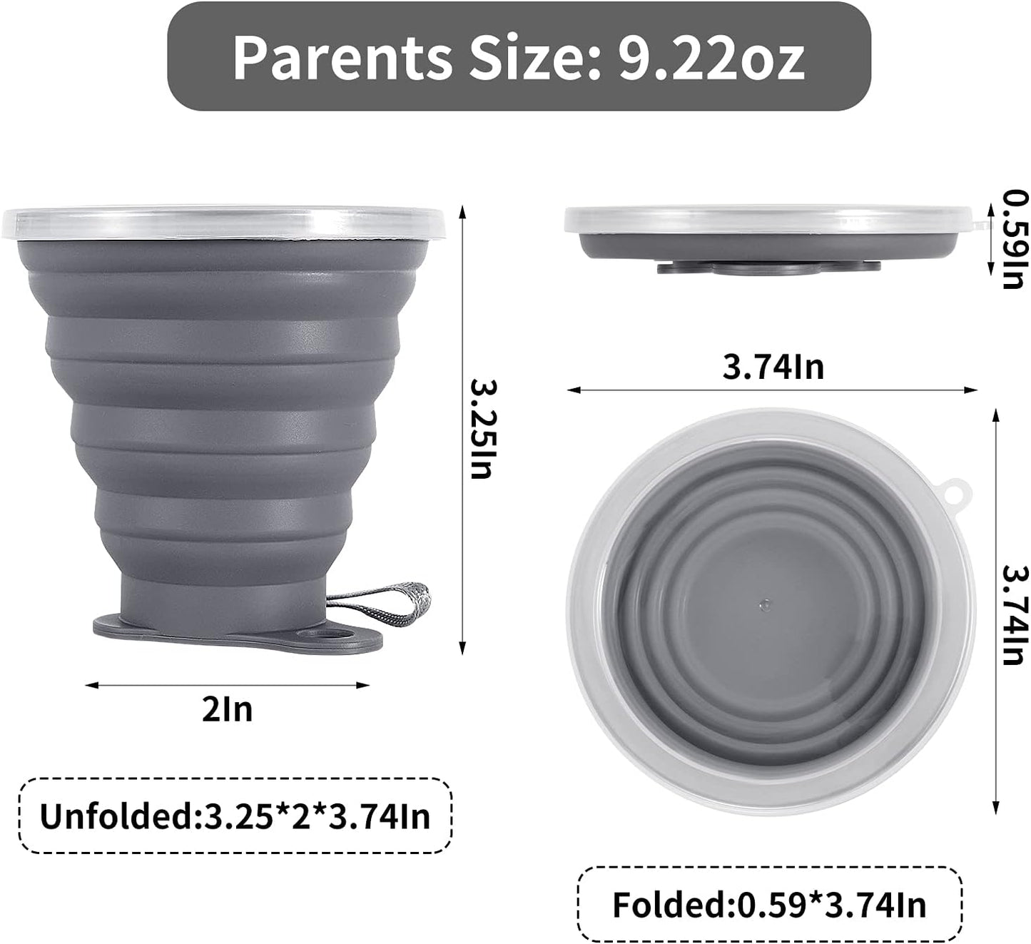 ME.FAN Silicone Collapsible Travel Cup - Silicone Folding Camping Cup with Lids - Expandable Drinking Cup Set - Portable, Graduated [9.22oz]