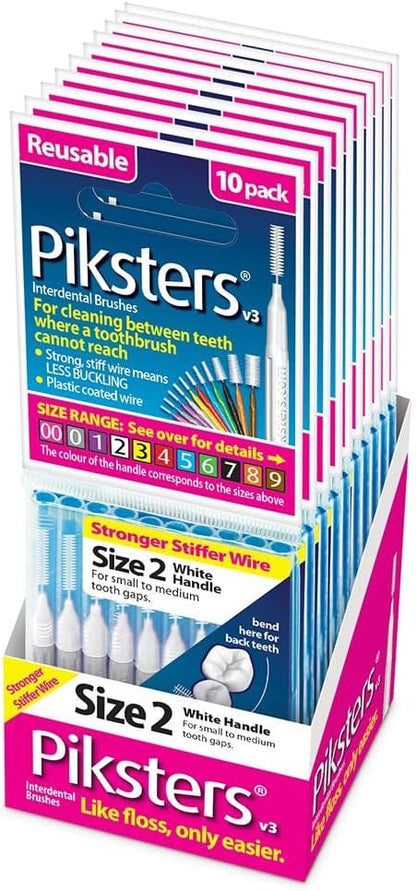 Piksters Interdental Brushes, Size 2, 100 Count (10 x 10 Packs), Interdental Tooth Brush for Extremely Tight and Fine Gaps, Gum Soft Bristles for Plaque Removal, Safe for Braces (100pk)