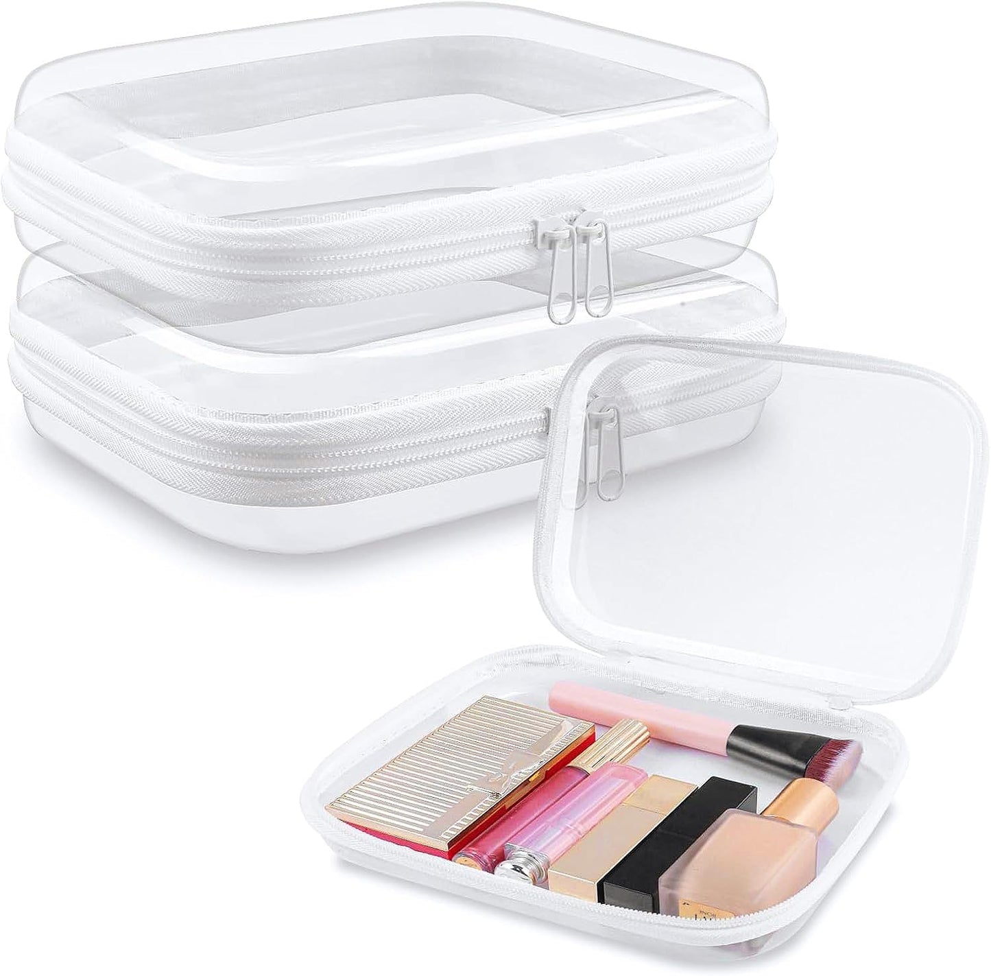 Clear Hard Shell Zipper Case 3 PCS Clear Cosmetic Make up Bag Waterproof Travel Toiletry Bag for Women, Hard Plastic Zipper Pouches Portable Travel Storage Organizer Bins (White, 10"x8"x2")