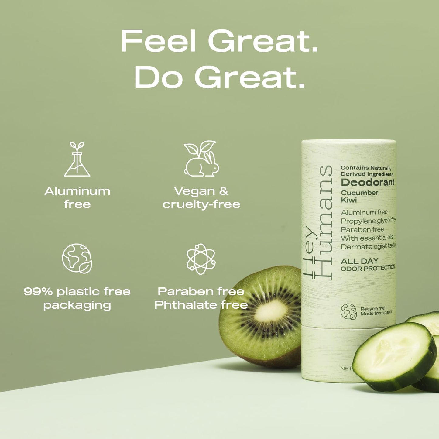 Hey Humans Deodorant, Aluminum Free Deodorant for Women and Men, Contains Naturally Derived Ingredients, All Day Odor Control, Refreshing Essential Oils, Earth Friendly Package, Cucumber Kiwi