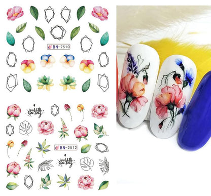 12 Sheets Flower Nail Water Transfer Decals, Nail Art Stickers for Women, Holographic Colorful Flower Leaf Patterns Nail Designs Supplies, Acrylic Nails Decorations DIY Resin Nail Decal Tattoos Set