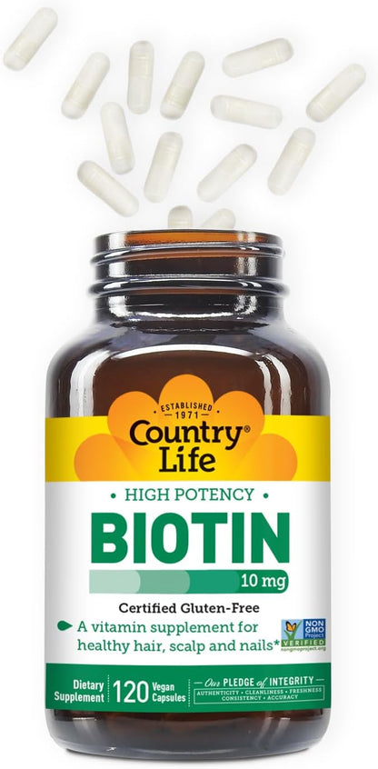 Country Life High-Potency Biotin 10mg - Vegan & Gluten-Free Biotin Supplement for Skin & Nails, Energy Metabolism - Biotin 10000mcg Capsules