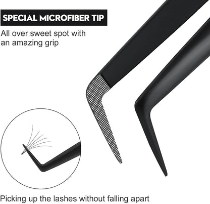Ms.Queen Lash Tweezers for Eyelash Extensions, Diamond Grip 90 Degree Fiber Tip Volume Lash Extension Tweezers,Black