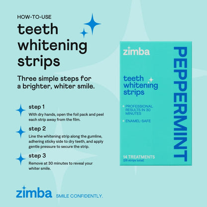 Zimba Peppermint Flavored Teeth Whitening Strips | Vegan, Enamel Safe Hydrogen Peroxide Teeth Whitener for Coffee, Wine, Tobacco, and Other Stains | 14 Day Treatment | Peppermint