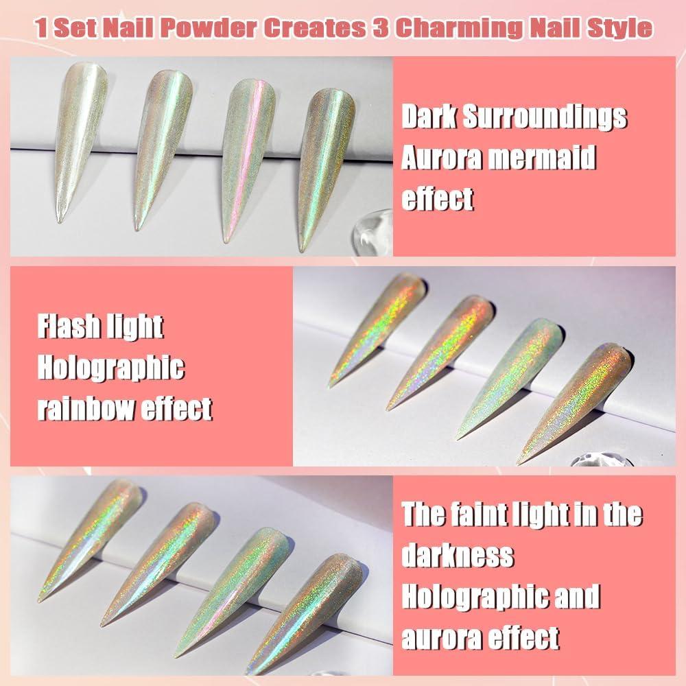 Allstarry Chrome Nail Powder Holographic Aurora Metallic Mirror Laser Effect Pigment, Iridescent ICY Aurora Glitter Dust Kit for Gel Polish Nail Art Decoration, Resin Craft - Emerald Rainbow